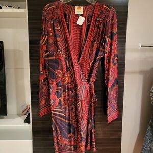 Farm Rio Macaw Arabesque Red and Blue Patterned Wrap Dress